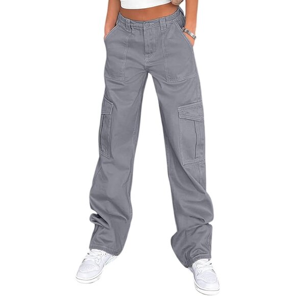 Pants - High Waisted Cargo Pants Womens Cotton Spandex Relaxed Fit Wide Leg